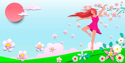 Fototapeta na wymiar Dancing girl among the flowers 1. A young girl dancing among the flowers. Dancing girl on the background of the sun, sky and flowers