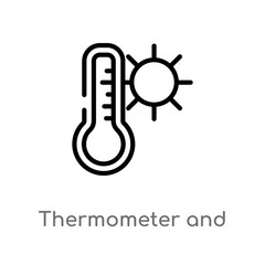 outline thermometer and sun vector icon. isolated black simple line element illustration from weather concept. editable vector stroke thermometer and sun icon on white background