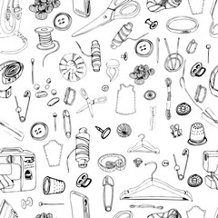 Monochrome seamless pattern with  items for sewing. Hand drawn graphic sketch of different elements isolated on white background.