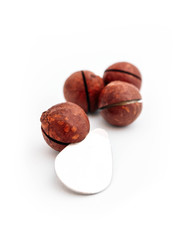 Three macadamia nuts with metal shell opener, isolated on white background.