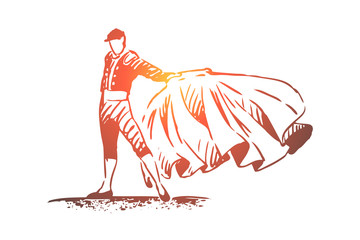 Spain, bullfight, matador, travel, country concept. Hand drawn isolated vector. - obrazy, fototapety, plakaty