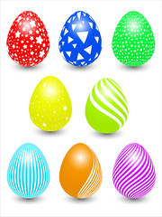 multicolored easter eggs with different patterns with a shadow under them on a white background