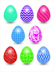 multicolored easter eggs with different patterns with a shadow under them on a white background
