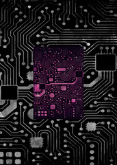 Abstract texture of gray and violet computer chips on a dark background