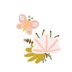 omantic illustration with stylish butterflies. Lovely childish card in spring colors.  Greeting card, poster, banner illustration. Isolated scandinavian cartoon illustration.