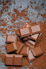 Dark or milk organic chocolate pieces and cocoa powder on dark concrete backgound