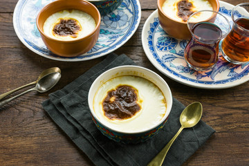 Turkish Rice Pudding, Traditional Dessert, Wooden Background