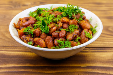 Traditional georgian kidney beans dish lobio on wooden table