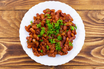 Traditional georgian kidney beans dish lobio on wooden table