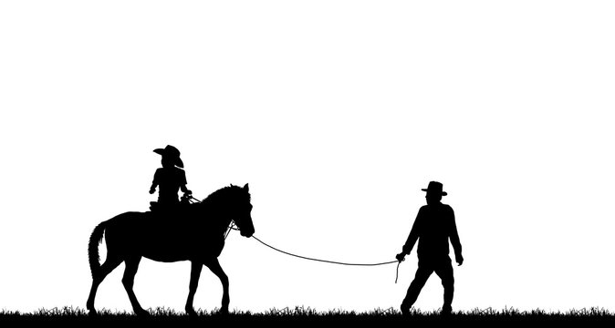 silhouette cowboy and horse on white background