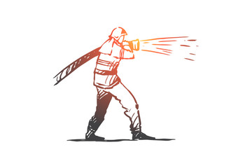 Firefighter, emergency, fire, helmet, rescue concept. Hand drawn isolated vector.