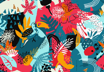 Vector colorful seamless pattern with tropical plants, flowers. birds, hand painted texture.