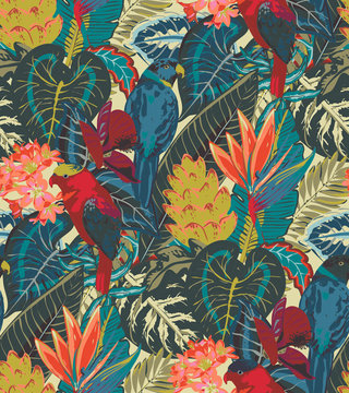 Seamless vector pattern with tropic parrots with exotic flowers and palm leaves.
