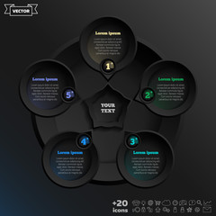Vector infographic design with colorful circle on the black background. Business concept. 5 options, parts, steps. Can be used for graph, diagram, chart, workflow layout, number options, web