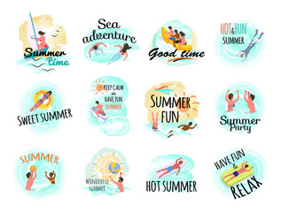 Sea adventures vector set of isolated people on vacation. Beach and seaside, swimming females, lifebuoy and man laying on inflatable mattress, volleyball