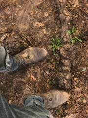 Guy in leather shoes. City guy walks in leather shoes through the woods.