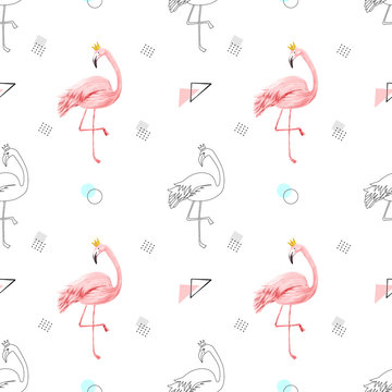 seamless pattern cute flamingo watercolor and hand drawn © orchidart