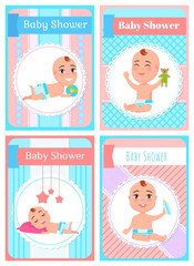Baby shower postcard in striped, child lying or sitting in diaper holding bottle or toy, smiling kid portrait view, papercard with newborn character vector