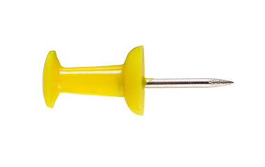 Yellow pushpin extreme macro isolated on white background