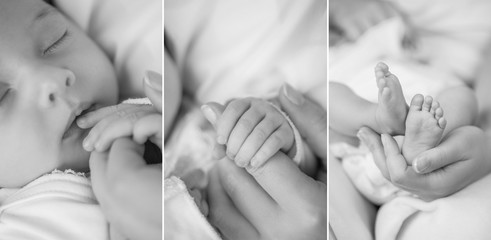 Black and white collage. Baby. Close-up. The legs and handles of the baby in her mother's hands. Motherhood.