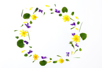 Flowers composition. Wreath made of yellow flowers on white background. Flat lay, top view, copy space