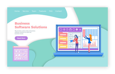 Business software solution vector, digital applications. Laptop with infographics infocharts, diagrams website or webpage template, landing page flat style