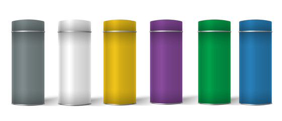 Blank Tincan packaging with different colors. Colorful gift box, tea, coffee, and other dry products. Realistic vector illustration.