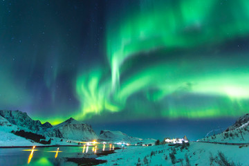 Amazing view of Northern lights in Lofoten islands