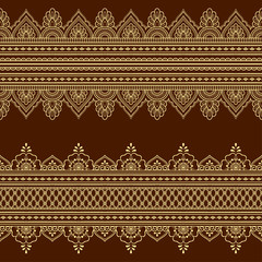 Set of seamless border ornament for design, Henna drawing, Mehndi and tattoo. Decorative pattern in ethnic oriental, Indian style.