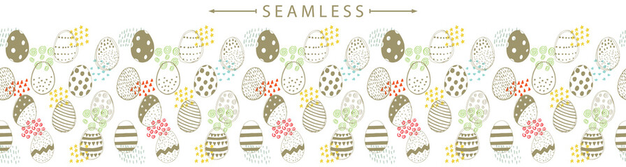 Vector horizontal seamless border with easter eggs doodles