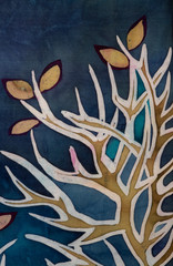 Golden tree branches with leaves, turquoise, hot batik, background texture, handmade on silk, abstract surrealism art