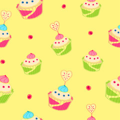 Seamless pattern, colorful cupcakes on the white background. Muffin, bakery, pastry. Bright vector illustration. Holiday, celebration, wedding theme. With love.	