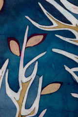 Golden tree branches with leaves, turquoise, hot batik, background texture, handmade on silk, abstract surrealism art