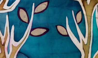 Golden tree branches with leaves, turquoise, hot batik, background texture, handmade on silk, abstract surrealism art