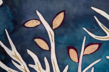 Golden tree branches with leaves, turquoise, hot batik, background texture, handmade on silk, abstract surrealism art