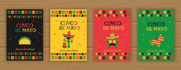 Set of cinco de mayo party poster template. Festive vector illustration with native pinata, taco and mariachi, cocktail face and garland flags for traditional Mexican celebration on cinco de mayo.