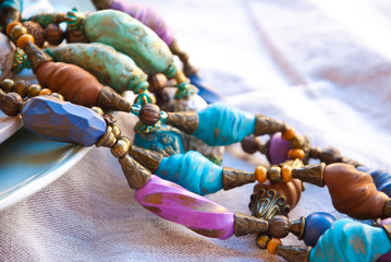 Jewelry background with bohemian beads. India, turkish necklace. Arabic syle.