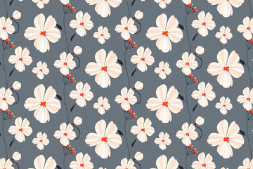Grey Background White Flowers Seamless Pattern