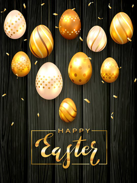 Golden Easter Eggs and Lettering Happy Easter on Black Wooden Background