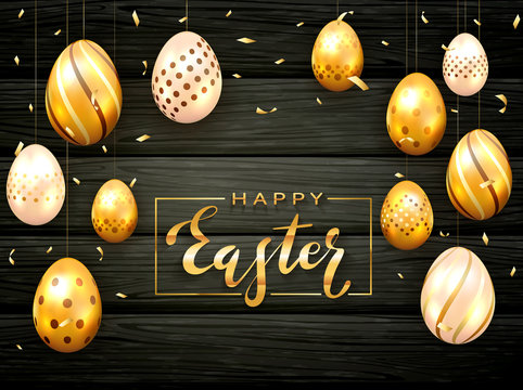 Holiday Card with Golden Easter Eggs on Black Wooden Background