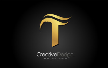 Gold Metal T Letter Design Brush Paint Stroke on Black Background