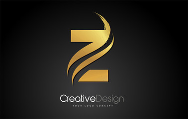 Gold Metal Z Letter Logo Design Brush Paint Stroke on Black Background