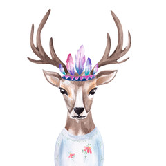 Watercolor portrait of the cute deer in Indian Feather Headdress