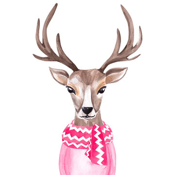Watercolor portrait of a deer in a scarf and sweater. Winter print, children's illustration
