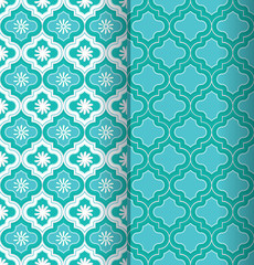 a set of two beautiful blue green Moroccan seamless pattern tiles with decorative elements for classic, ethnic surface design templates, textiles, fabric, wallpaper, background, cards and covers. 