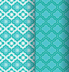 a set of two beautiful blue green Moroccan seamless pattern tiles with decorative elements for classic, ethnic surface design templates, textiles, fabric, wallpaper, background, cards and covers. 