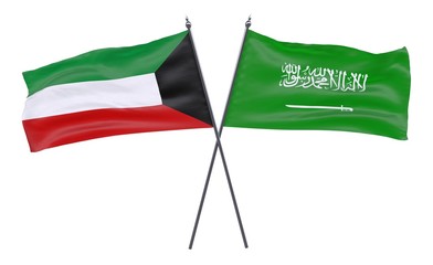 Kuwait and Saudi Arabia, two crossed flags isolated on white background. 3d image