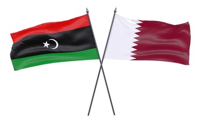 Libya and Qatar, two crossed flags isolated on white background. 3d image