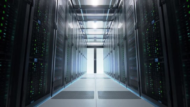 Camera moving along the narrow corridor in data center with server equipment on both sides, sliding doors opening in the end of passage. Seamlessly looped photorealistic 3D render animation.