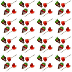 seamless pattern dessert sweetness food candy strawberry in chocolate watercolor illustration